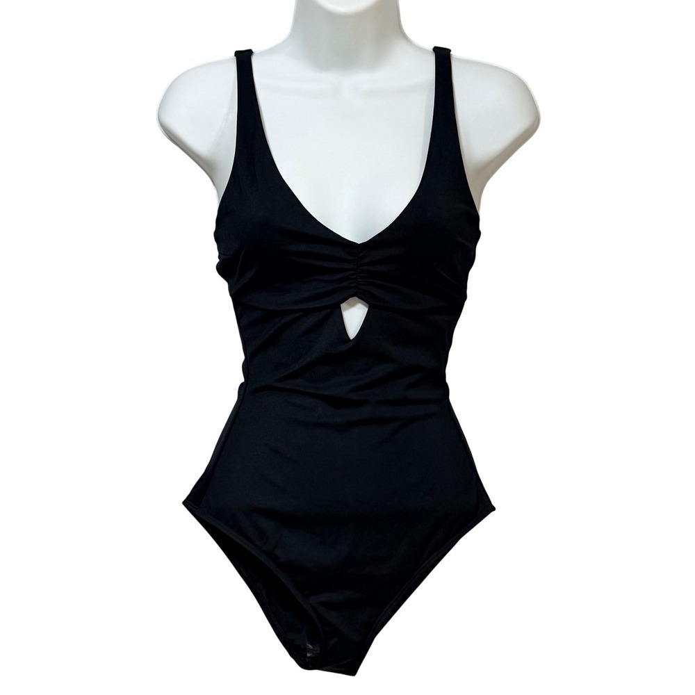 shade and shore Black Ruched One Piece Swimsuit Sweetheart  Adjustable Straps S